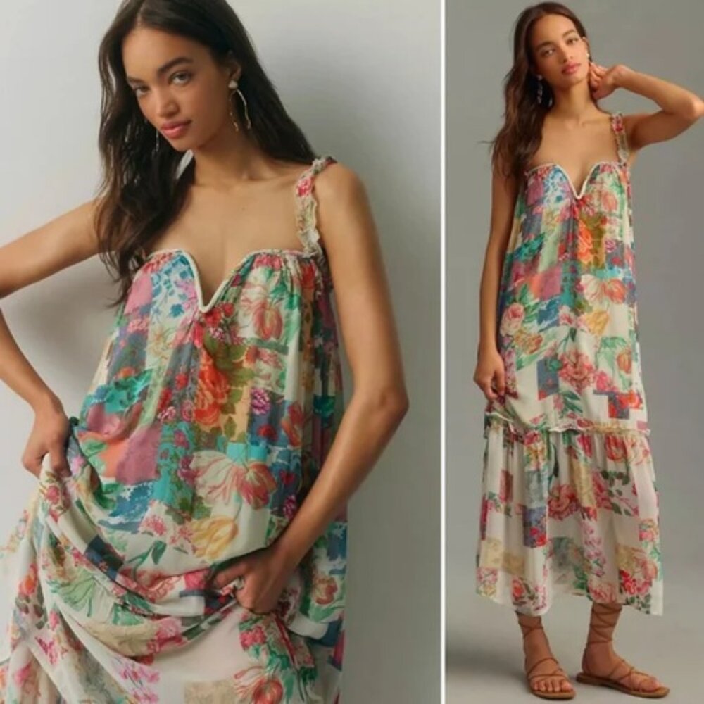 NEW Anthropologie Chiffon Midi Dress Maxi Patchwork Flowy Boho Green Pink Blue S